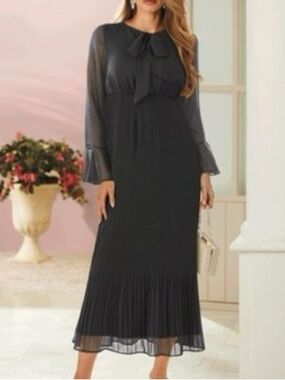 Midnight Velvet Black Sheer-Sleeve Maxi Dress with Neck Tie
